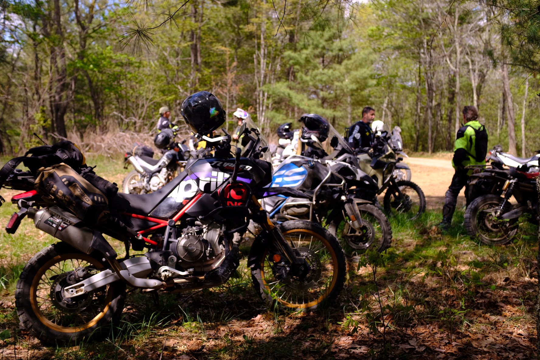 Adventure bikes lined up on a forest road