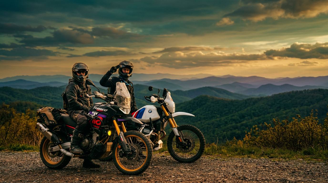 Two adventure motorcycles riding a mountain trail at golden hour
